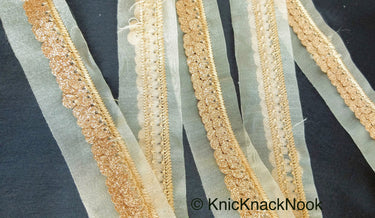 Beige Sheer Fabric Trim Embroidered With Beige Silk Thread And Glitter Copper Sequins, Approx. 33mm Wide